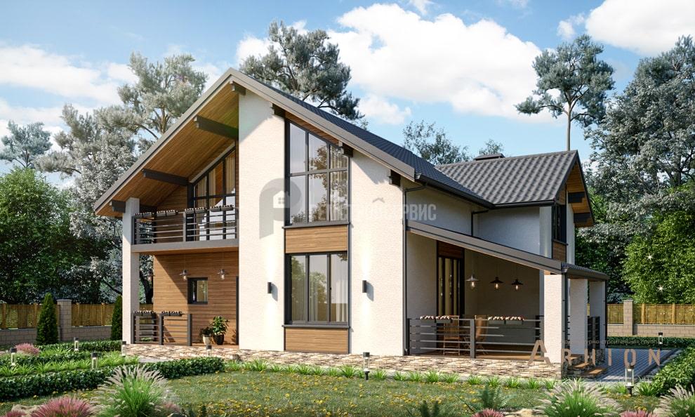 3. Проект одноэтажного дома в стиле шале с двускатной кровлей, t-38-01, площадью - 176 кв c мансардой, терассой, балконом